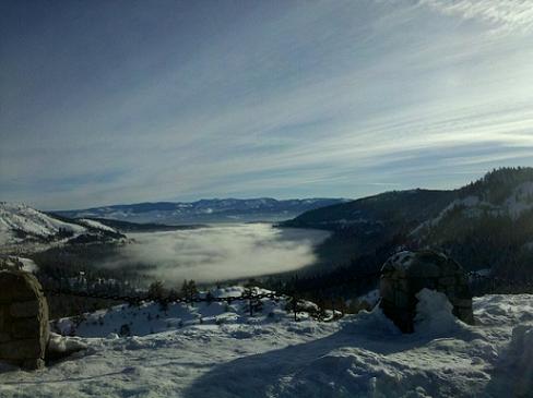 Donner Lake in Truckee, California fogged in.