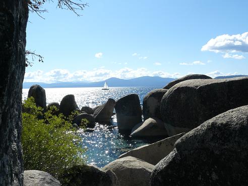 A sailing boat on Lake Tahoe as viewed from Sand Harbor State Park in Nevada